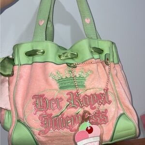 Rare Juicy Couture Pink and Green Shoulder Bag with Drawstring Closure